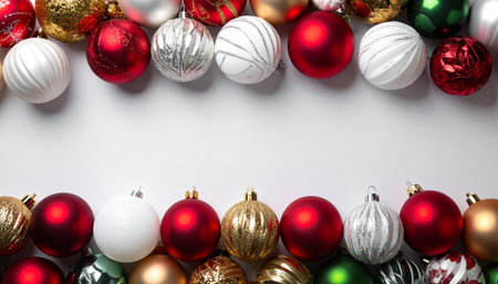 Colorful christmas baubles on white background with copy spaceの素材