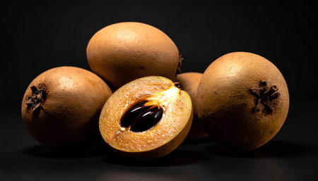 Sapodilla fruit on a black background. Sapodilla is a tropical fruit native to South America.の素材
