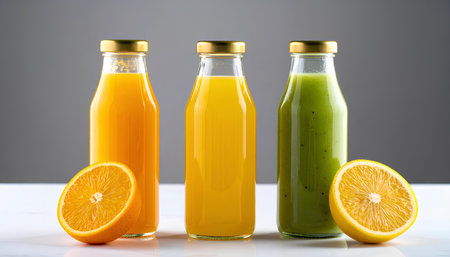 Orange and green smoothies in bottles on white table with black backgroundの素材