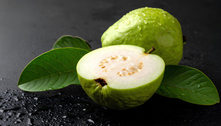 Fresh green guava with water drops on black background, closeupの素材