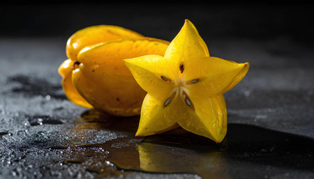 Star fruit or carambola on black background, selective focus.の素材