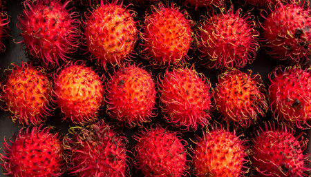 Rambutan fruit on black background. Rambutan is one of the most popular fruits in Thailand.の素材