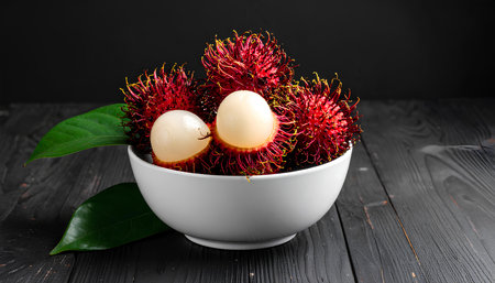 Rambutan fruit in white bowl on black wooden table background.の素材