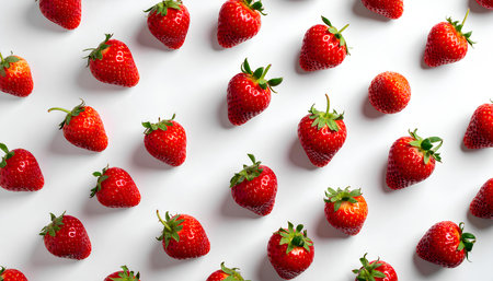 Seamless pattern of fresh strawberries on white background, top viewの素材