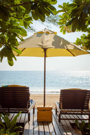 Beach chairs under tree or umbrella shade by the ocean environments in sunny day.の写真素材