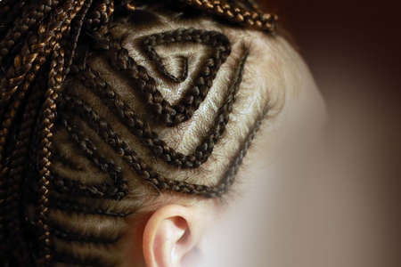 head of a girl with braided hair, small braids African-style onの写真素材