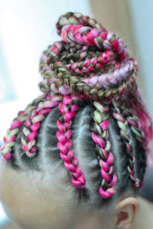 thick braids collected in a tail or a bump, pink color of a kane