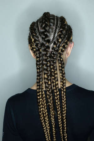 African hair style on European hair, thick and thin plaits ranks, hair braided