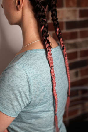 Girl with two braids natural color dirty pink, brown, fashionablの写真素材