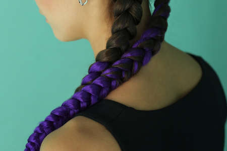 Braids close-up. Purple, thick braids, fashion hairstyleの写真素材