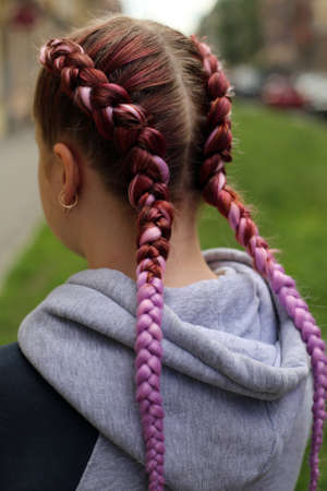 Two braids against the backdrop of the city, a hairstyle from th