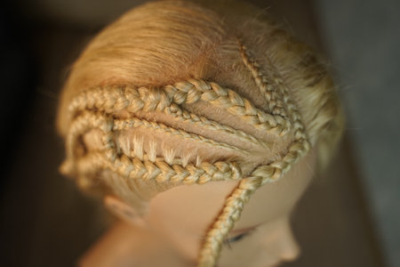 A master demonstrates to his students how to weave an African braid with Kanekalon on a mannequin