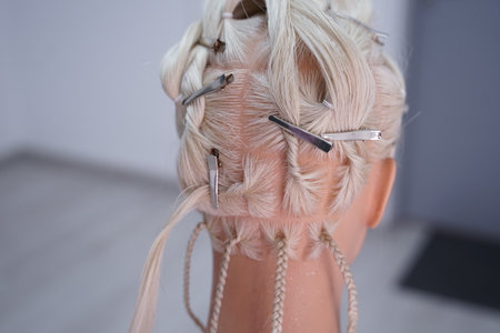 marking a mannequins head into zones, hairdressing, teaching students, hair cutting, braiding. The...