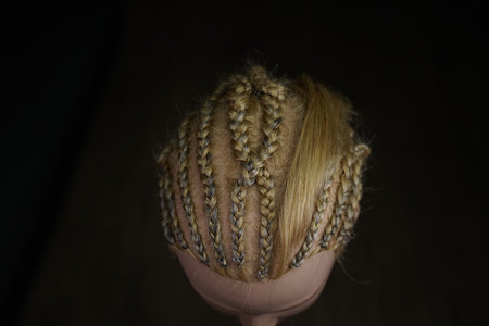 he master demonstrates to his students how to weave an African braid with Kanekalon on a mannequin,...