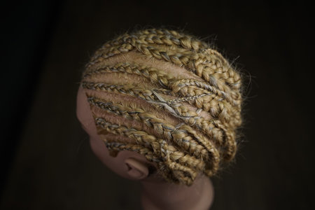 he master demonstrates to his students how to weave an African braid with Kanekalon on a mannequin,...