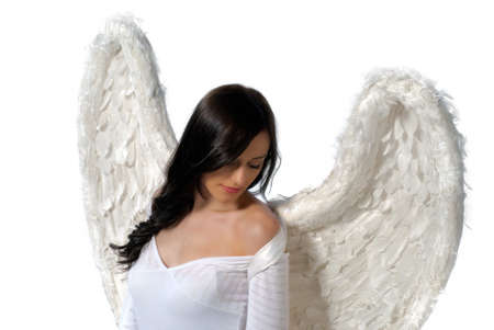 Young woman with angel wings isolated on whiteの写真素材