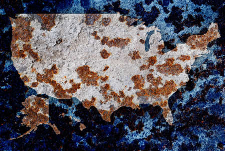 Rusty metal plate with coloured map of the United States of Americaの写真素材