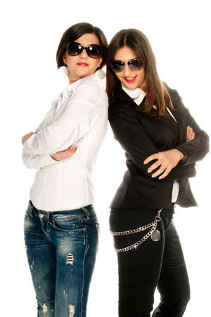 Sunglasses on brunette girls isolated on whiteの写真素材