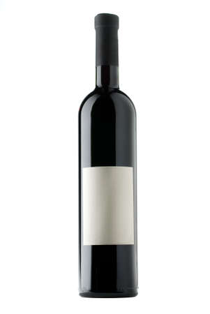 Unlabelled black wine bottle isolated on whiteの写真素材
