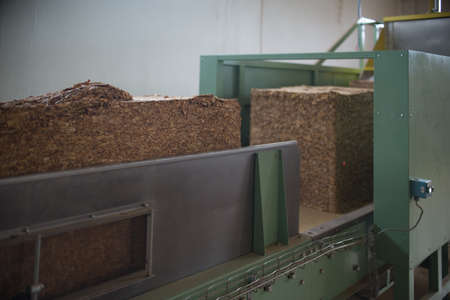 Bulk tobacco cubes inside a production line in a cigarette factoryの写真素材