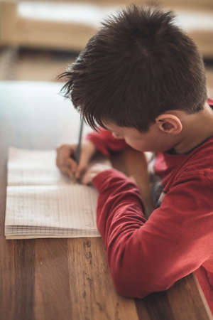 Young elementary school boy doing homework from mathematicsの写真素材