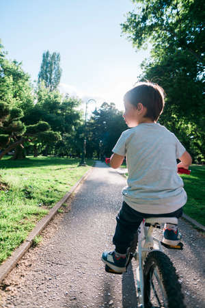 Boy riding a bicycle in the park shot from behindの写真素材