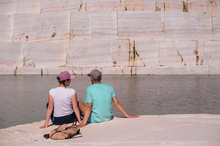 View of a romantic young couple enjoying in beautiful lake.の写真素材