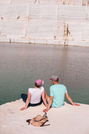 View of a romantic young couple enjoying in beautiful lake.の写真素材