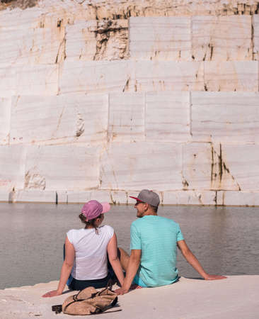View of a romantic young couple enjoying in beautiful lake.の写真素材