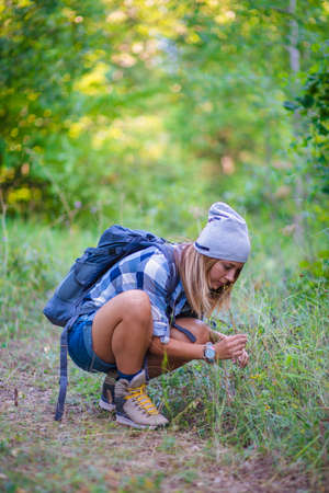 Young woman walking alone in the woods. Hiking concept in the mountain in summerの写真素材