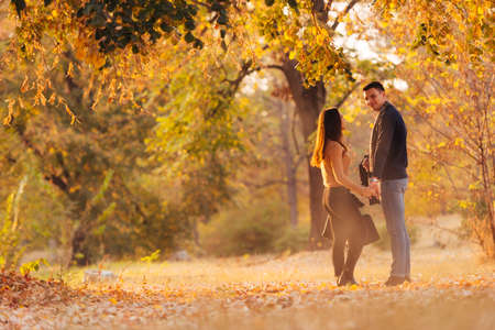 A new love story is about to begin under the autumn leaves.の写真素材