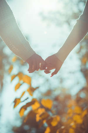 Handsome couple is outdoors, holding hands near beautiful nature and treesの写真素材