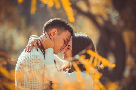 Sensual couple kissing in the autumn parkの写真素材