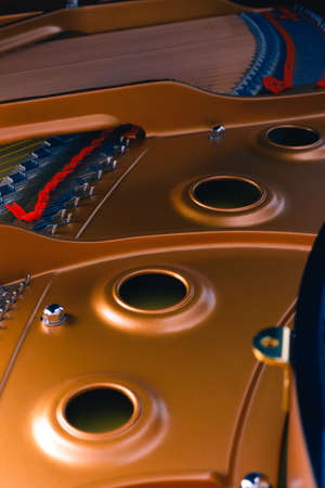 The interior of an black piano with all its details hammers,strings and keys.Golden interior with shades of red.の写真素材