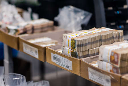 Large sum of money divided with currency straps placed in boxes at the center of cash services