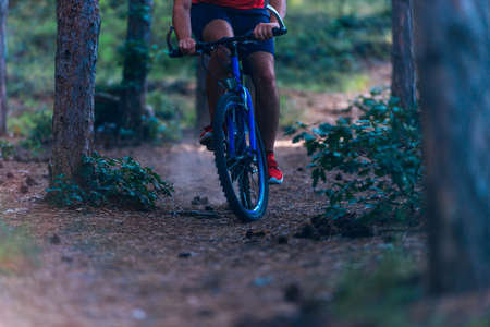 Man on mountain bike rides on the trail through the woods while moving extremely fast.の写真素材