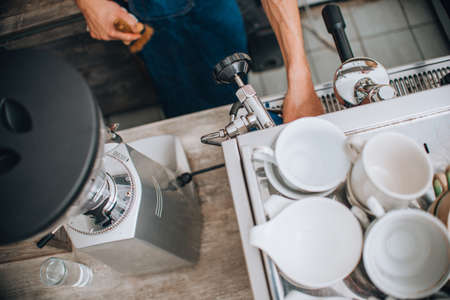 Professional coffee machine with white cups in coffee restaurantの写真素材