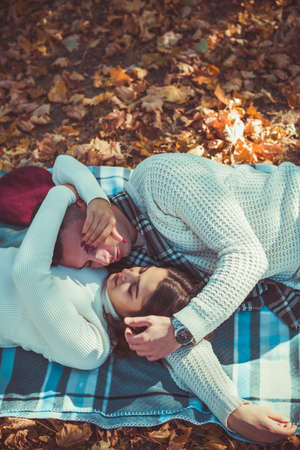 A genlte couple is caressing in the park lying on blanketの写真素材