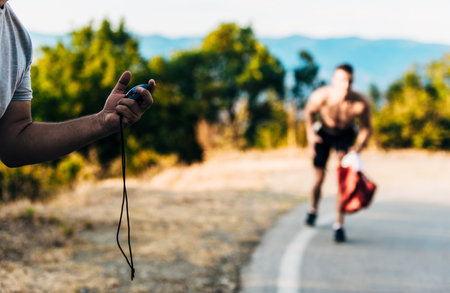 Running stopwatch in the hand measuring time for running sprinter