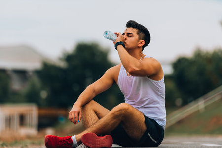 Thirsty healthy athletic male with fit body drinking refreshing drink, resting after running or...