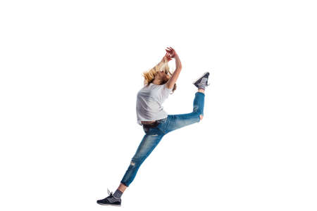 Woman is having aerobic training isolated on white backgroundの写真素材