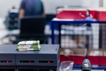 Grouped euro â¬ bills placed on a machine designed for counting money banknotesの写真素材