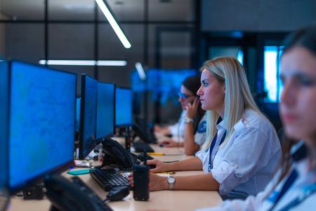 Happy security data center operator colleagues (coworkers) smiling and monitoring the CCTV footage...