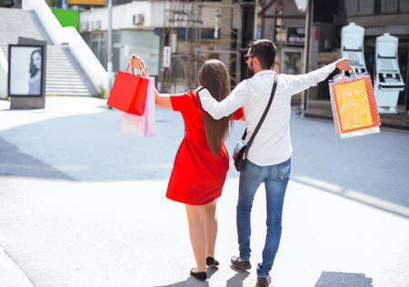 Shopping in the down town.Romantic couple having fun on the Macedonian streets,
on a sunshine day.の写真素材