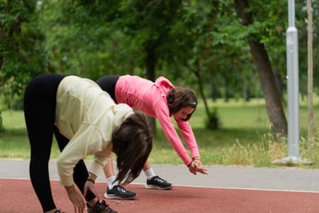 Two attractive girls are stretching their backs before the training