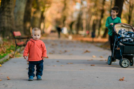 Outdoor portrait of happy toddler while walk on the path in the park and his older brother pushing strollerの写真素材