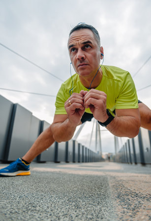 Healthy middle aged man during preparation for a jogging exerciseの写真素材