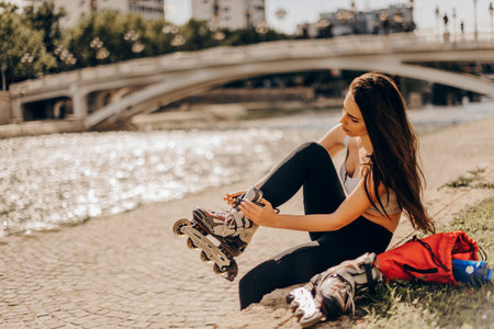 Amazing girl is getting ready for roller skating