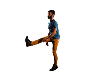 Boy is doing modern dance on white background