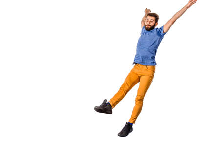Disco dancer showing some movements against isolated white background